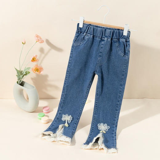 贝贝怡【软糯牛仔喇叭裤】24秋新款女童花边修身中大童微喇百搭长裤ZB3DK077 商品图1