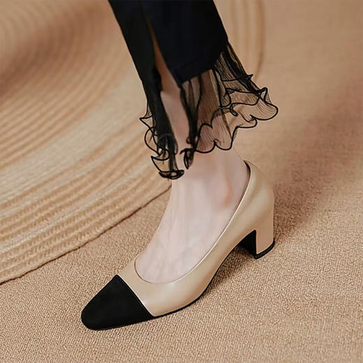 【顺丰包邮】34612 洛诗琳法式小香风粗跟拼色小羊皮高跟真皮单鞋12008 商品图2