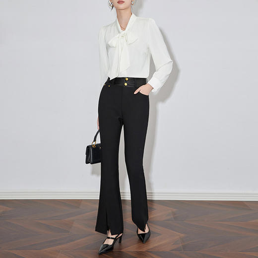 【高货】全新升级【铂金会员220/天猫299/差价79】(20312) 洛诗琳新款通勤喇叭裤女开叉修身显瘦拼接腰头时髦西装裤 商品图0