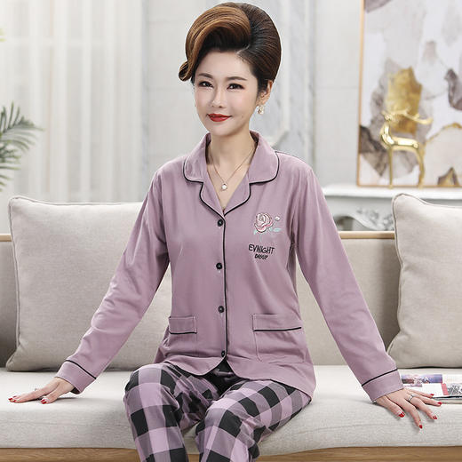 【纯棉材质，贴身感知的细腻柔滑~】妈妈睡衣 女秋冬季纯棉长袖开衫 宽松中老年人加大码 家居服套装-QQ 商品图6