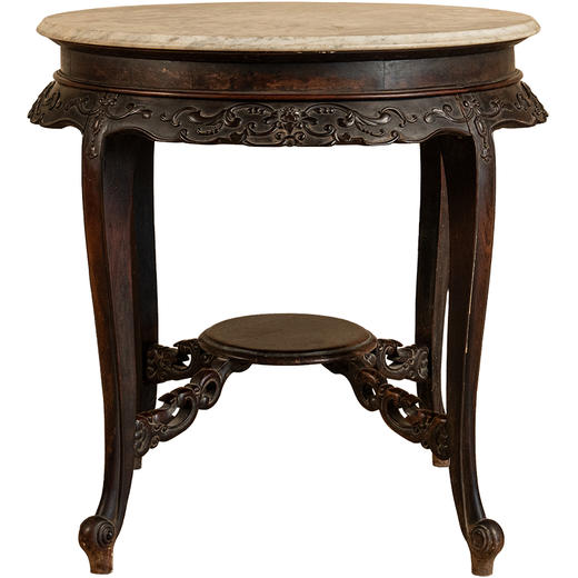 清 红木浮雕花卉纹三弯腿四足石面圆台 商品图5