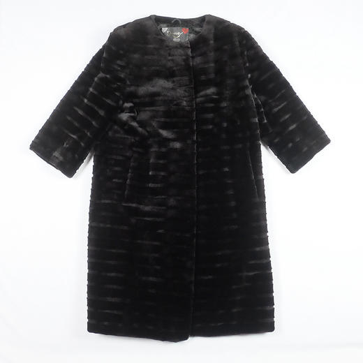 SIM GRACE 优雅夫人 女士经典的剪毛水貂间超剪水貂设计时尚圆领水貂中长款黑色冬季外套 商品图3