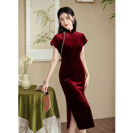 时尚改良新中式，长款连袖丝绒旗袍GX-66762 商品图2