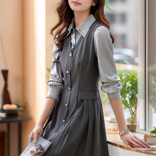 奢姿2024年秋季新款大码女装拼接压褶裙子胖妹妹休闲翻领连衣裙9943860328 商品图4