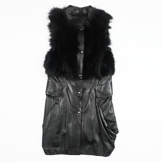 SIM GRACE 优雅夫人 黑色绵羊真皮配狐狸毛小立领英伦风中长款显瘦马甲 商品图3