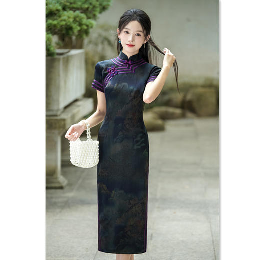复古国风仿醋酸，长款短袖旗袍GX-66748 商品图0