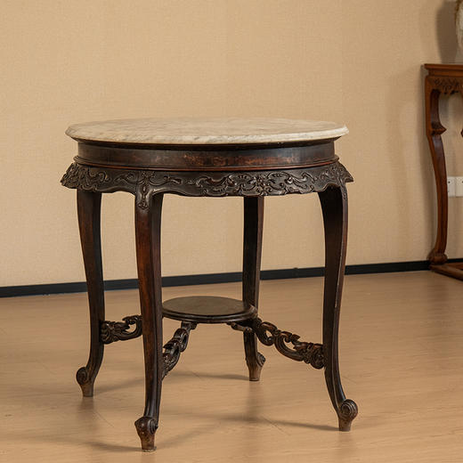 清 红木浮雕花卉纹三弯腿四足石面圆台 商品图1