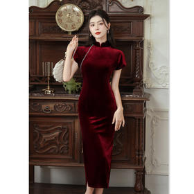 时尚改良新中式，长款连袖丝绒旗袍GX-66762
