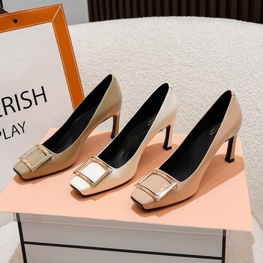 RV方扣单鞋女中跟夏季法式复古浅口方头细跟大象灰通勤高跟鞋 商品图2