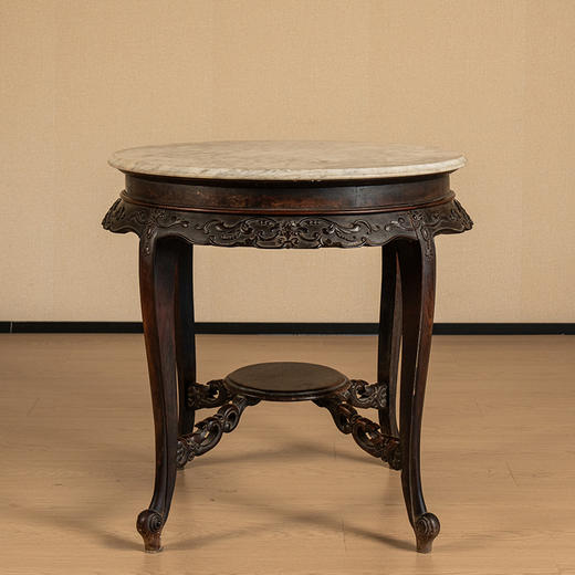 清 红木浮雕花卉纹三弯腿四足石面圆台 商品图0