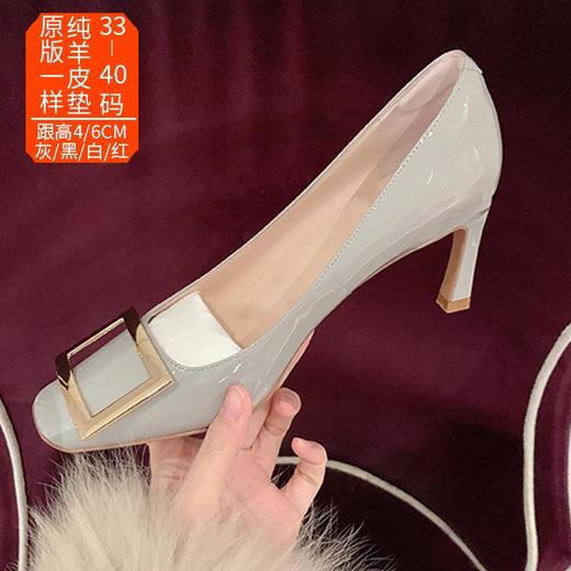RV方扣单鞋女中跟夏季法式复古浅口方头细跟大象灰通勤高跟鞋 商品图1