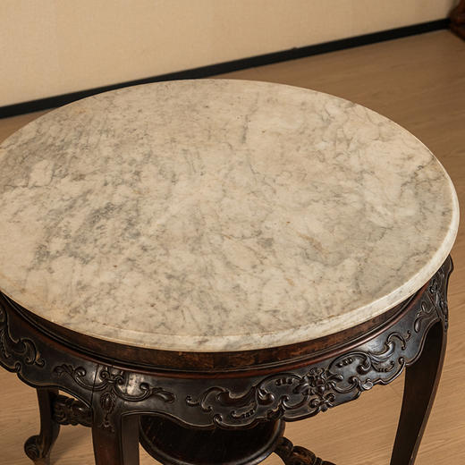 清 红木浮雕花卉纹三弯腿四足石面圆台 商品图2