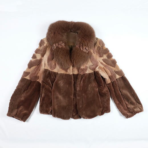 SIM GRACE 优雅夫人 女士经典的剪毛进口獭兔毛手工镶花狐狸毛领拼色外套 商品图3