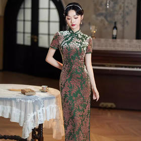 2024年秋季新款日常气质老上海国风长款短袖烧花绒改良旗袍XL1097