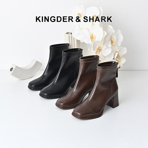 经典鲨2024年冬季新品时尚方头后拉链高粗跟气质时装短靴女KW89-D58171 商品图0