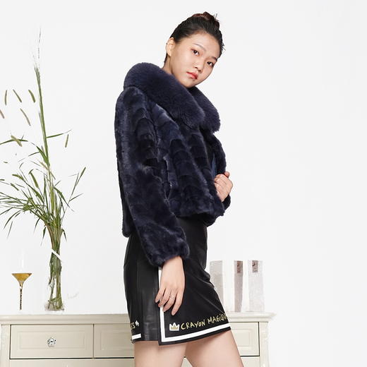 SIM GRACE 优雅夫人 2024年新款短装百搭100%水貂毛朋牙拼貂狐狸毛领女装皮草外套 商品图1