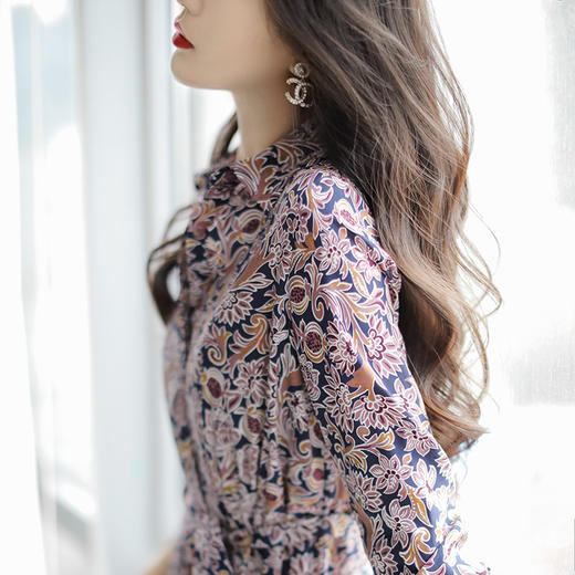 雀说 优雅碎花连衣裙女春秋新款法式复古高端大牌时尚长袖长裙4ZF-0733 商品图2