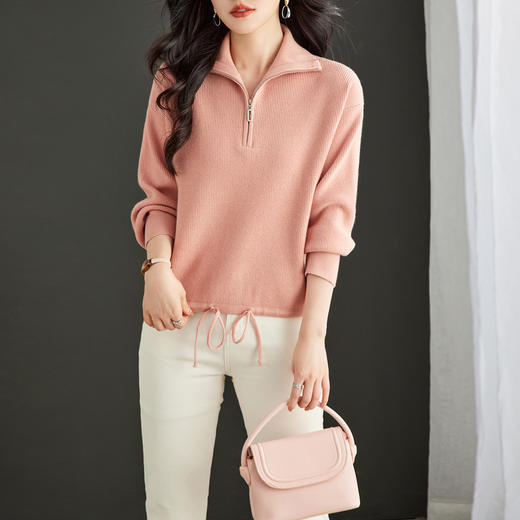 CC-16-9150秋冬新款短款针织衫上衣小个子宽松休闲半拉链套头翻领毛衣女 商品图2