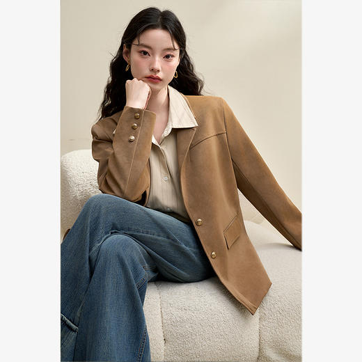 复古经典简约枪驳领宽肩西装外套女秋冬洗水哑光PU上衣V3642525 商品图3