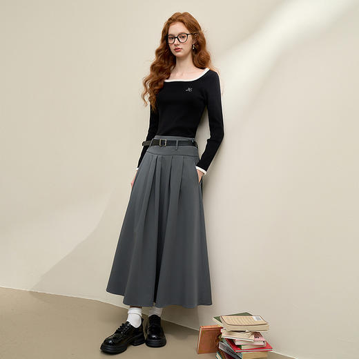 基础款通勤撞色长袖针织衫女秋季方圆领修身显瘦打底衫V3942611 商品图4