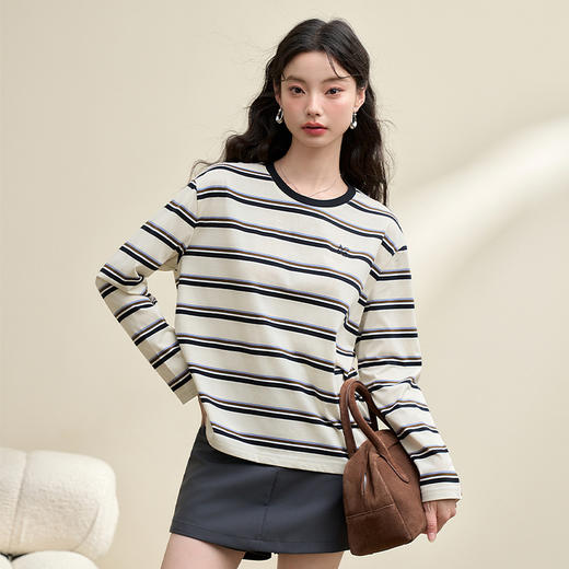 慵懒风复古条纹长袖T恤女秋季OVERSIZE圆领T恤V3642585 商品图0