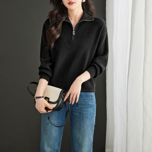 CC-16-9150秋冬新款短款针织衫上衣小个子宽松休闲半拉链套头翻领毛衣女 商品图3