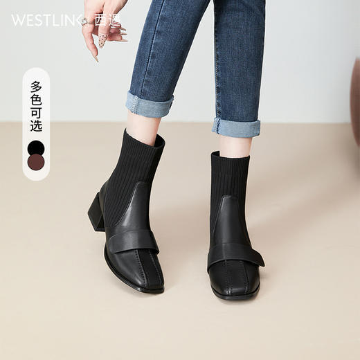 西遇法式瘦瘦靴女新款秋冬复古针织弹力袜靴方头粗跟黑色短靴V0047786 商品图0