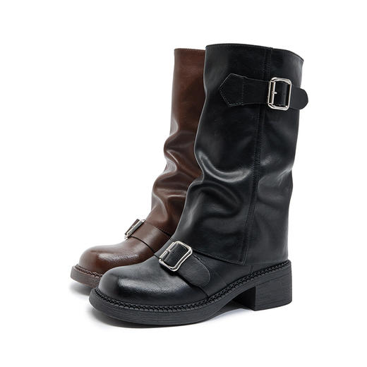 西遇复古裤管靴女新款秋冬西部牛仔堆堆靴小个子厚底中筒靴子D3947700 商品图4