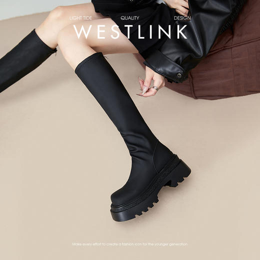 西遇增高长筒骑士靴女新款秋冬小个子法式不过膝厚底高靴黑色长靴V3747764 商品图1