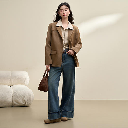 复古经典简约枪驳领宽肩西装外套女秋冬洗水哑光PU上衣V3642525 商品图1