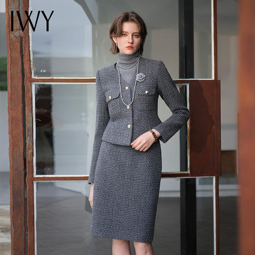 IWY/灰色长袖西装半裙职业工装遮腰显瘦轻熟风V领编织通勤干练套装CS2070 商品图4
