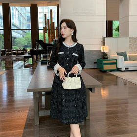 奢姿2025秋季新款大码女装撞色织带圆领裙子胖妹妹法式连衣裙9943853522