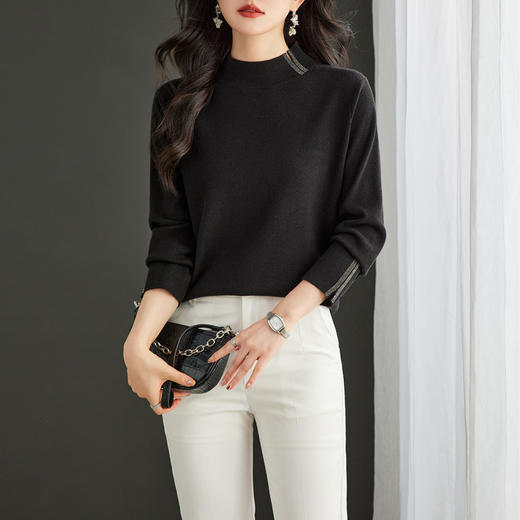 CC-16-9157时尚气质半高领针织女2024秋冬新款镶钻短款薄款显瘦毛衣打底衫 商品图3