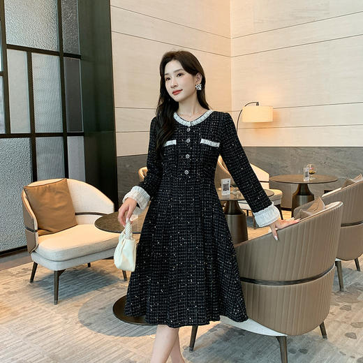 奢姿2025秋季新款大码女装撞色织带圆领裙子胖妹妹法式连衣裙9943853522 商品图4