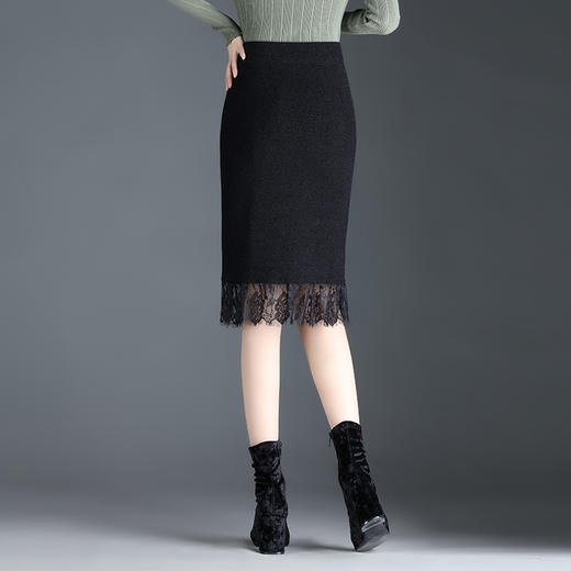 MYX-WM-68196-L中长款不规则黑色显瘦半身裙蕾丝拼接针织包臀裙秋冬款高腰一步裙 商品图2