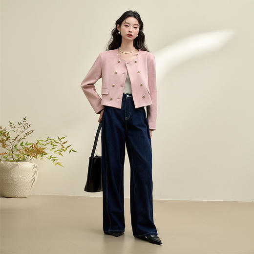 法式优雅麂皮小香风外套女秋季圆领双排扣宽肩截短外套V3742442 商品图1
