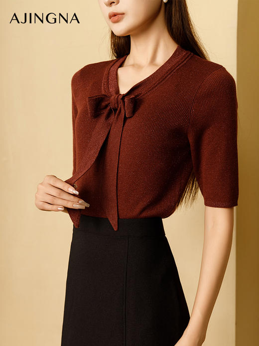【商城同款】阿菁娜2024秋季新款飘带V领温柔气质毛衫A29Q301036 商品图3