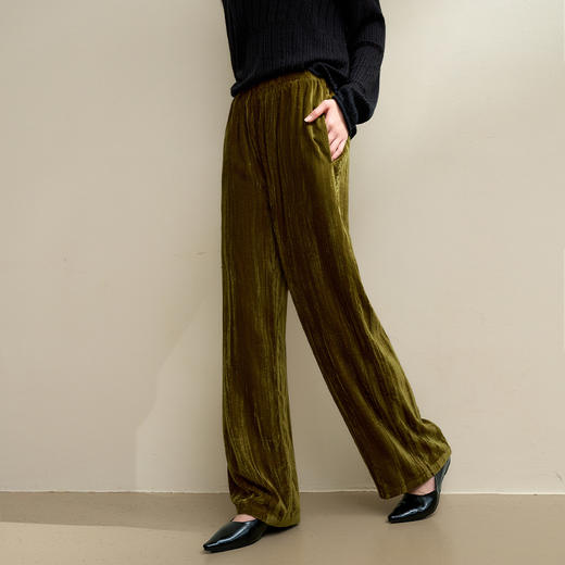 经典百搭简约丝绒直筒裤女秋冬松紧腰加厚保暖显瘦阔腿裤V3842948 商品图2