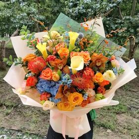 蓝黄橙撞色花束