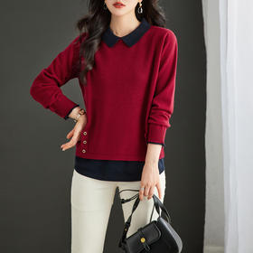 CC-16-9151娃娃领假两件毛衣针织衫女秋冬2024新款时尚拼接翻领打底衫遮肚子