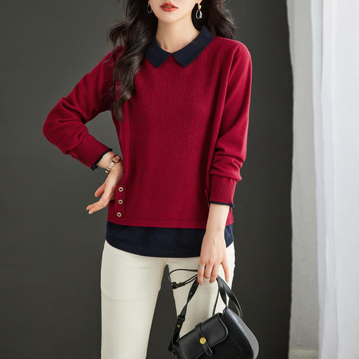 CC-16-9151娃娃领假两件毛衣针织衫女秋冬2024新款时尚拼接翻领打底衫遮肚子 商品图0
