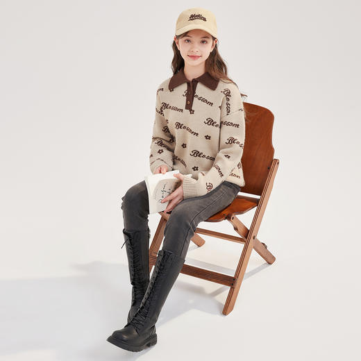 笛莎Deesha青少年女童毛衣2024冬季新款复古学院风翻领毛衣 商品图2