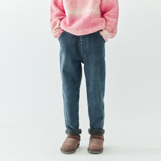 棵初2024年冬季新款儿童弹力加绒小脚牛仔裤女童水洗磨白复古长裤 商品图2