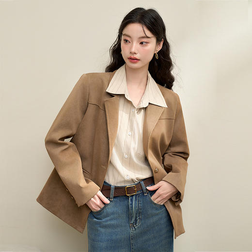 复古经典简约枪驳领宽肩西装外套女秋冬洗水哑光PU上衣V3642525 商品图4