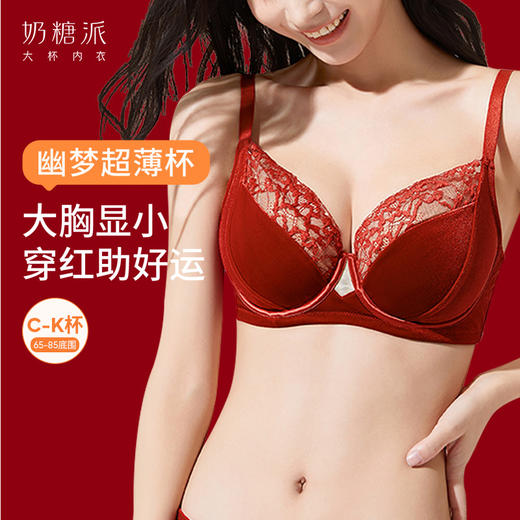 奶糖派大胸显小幽梦丝绒蕾丝性感承托内衣复古承托防凸点文胸罩女红色 商品图0