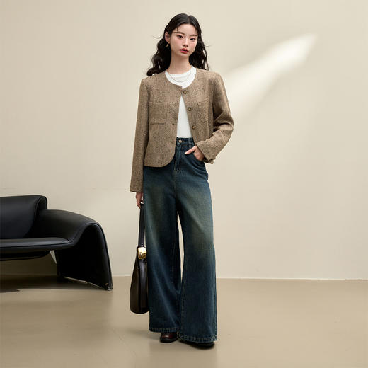 简约大方编织小香风外套女早春直筒圆领宽肩短款外套V3842704 商品图1