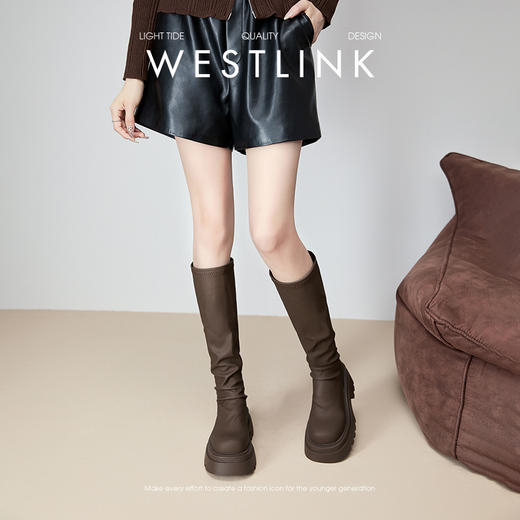 西遇增高长筒骑士靴女新款秋冬小个子法式不过膝厚底高靴黑色长靴V3747764 商品图3