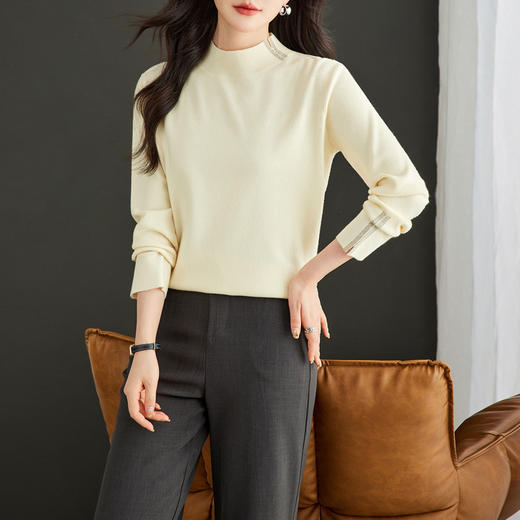 CC-16-9157时尚气质半高领针织女2024秋冬新款镶钻短款薄款显瘦毛衣打底衫 商品图2