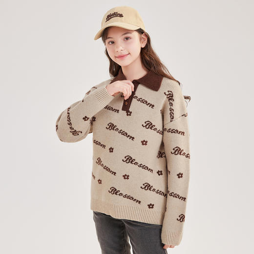 笛莎Deesha青少年女童毛衣2024冬季新款复古学院风翻领毛衣 商品图1