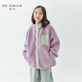 棵初24年冬季新款儿童仿羊羔毛外套亲子撞色拼接保暖宽松连帽上衣